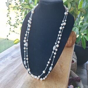 Double Strand Pearl Necklace Rhinestone Crystal Accent Silver Tone Fancy Jewelry